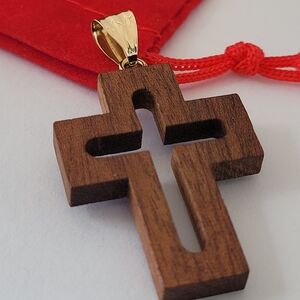 Wooden Cross Pendant with Gold Bail - Brown